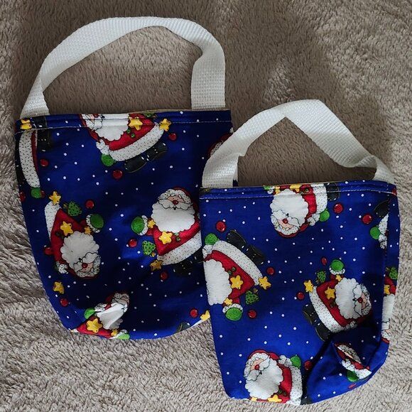 Reversible Artisan-Made Christmas Mini Gift Bag – Blue Santa Pattern with Strap, - Picture 1 of 1